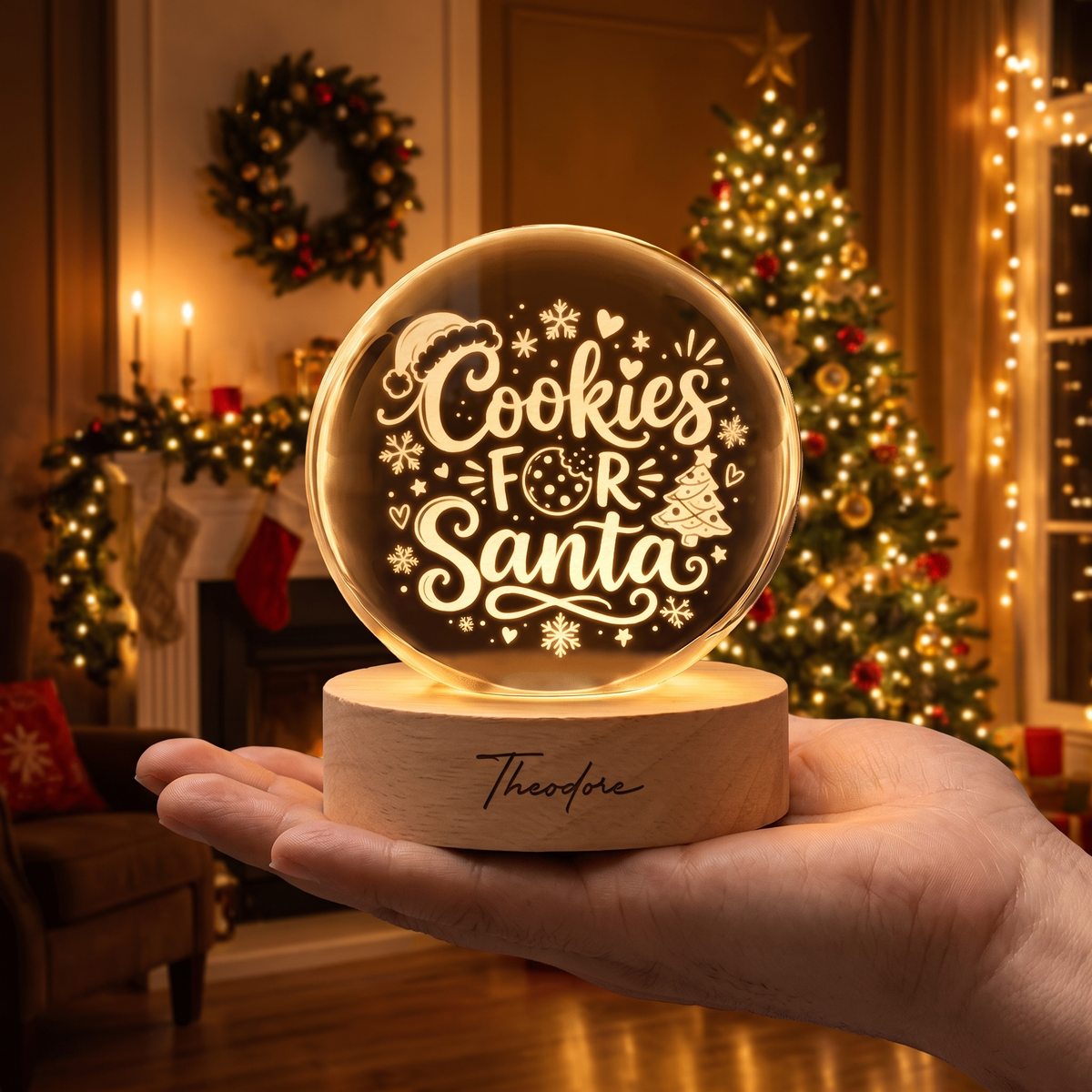 Custom Cookies For Santa Christmas Tree 3D Laser Engraved Crystal Ball with LED Wooden Standee, Personalized Name Holiday Night Light Keepsake