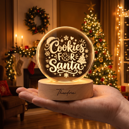 Custom Cookies For Santa Christmas Tree 3D Laser Engraved Crystal Ball with LED Wooden Standee, Personalized Name Holiday Night Light Keepsake