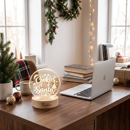 Custom Cookies For Santa Christmas Tree 3D Laser Engraved Crystal Ball with LED Wooden Standee, Personalized Name Holiday Night Light Keepsake