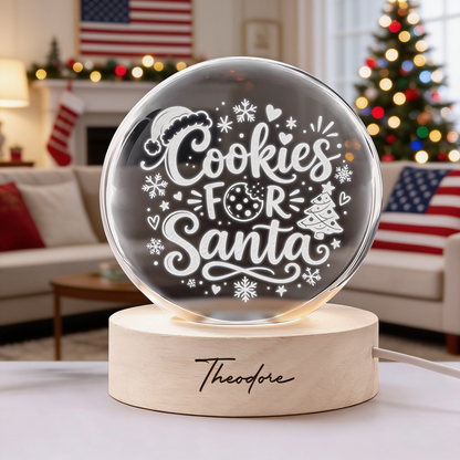 Custom Cookies For Santa Christmas Tree 3D Laser Engraved Crystal Ball with LED Wooden Standee, Personalized Name Holiday Night Light Keepsake