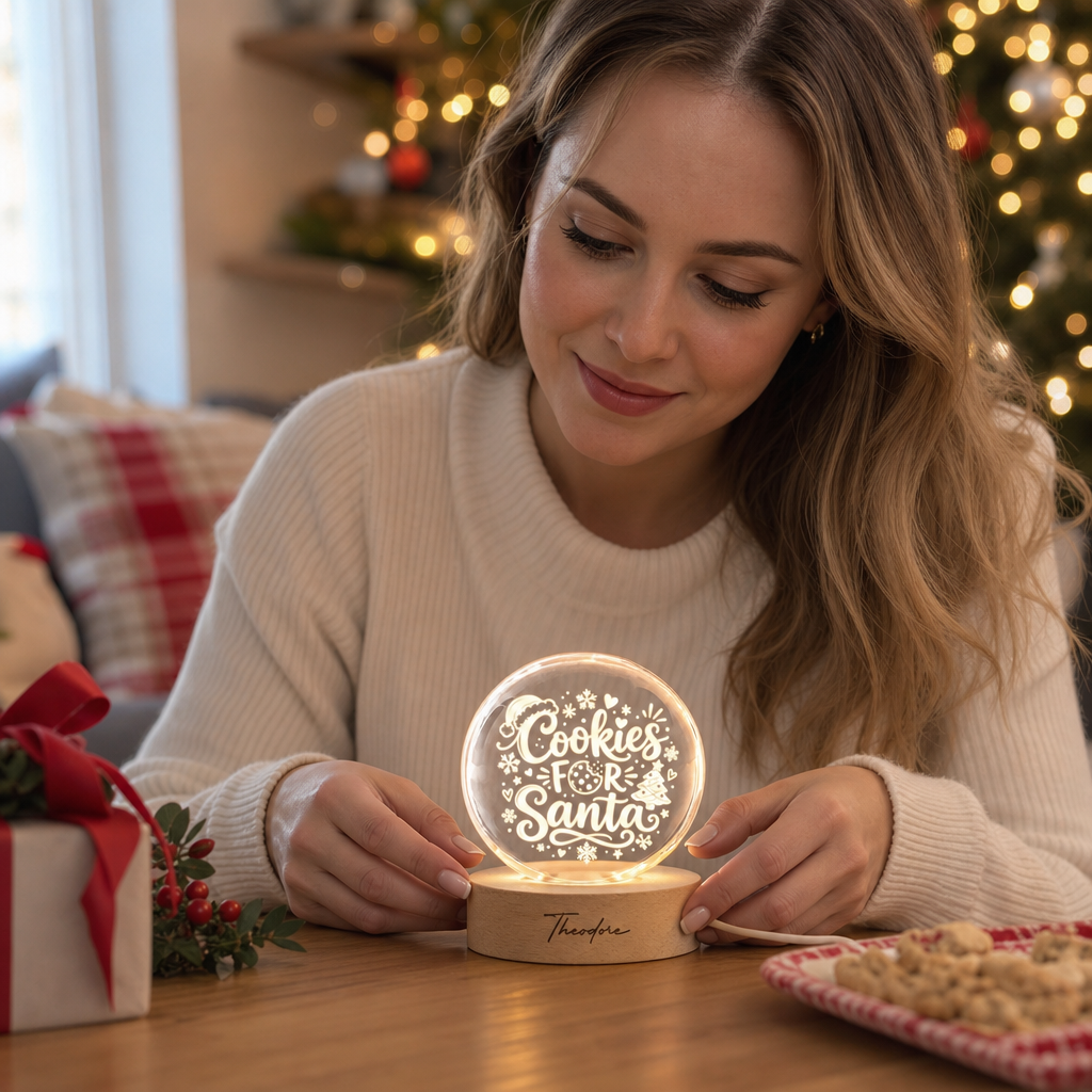Custom Cookies For Santa Christmas Tree 3D Laser Engraved Crystal Ball with LED Wooden Standee, Personalized Name Holiday Night Light Keepsake