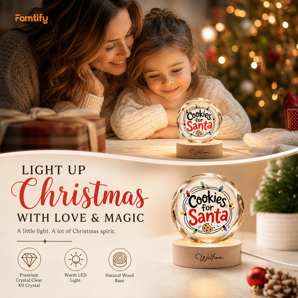 Custom Cookies For Santa Christmas Lights 3D Laser Engraved Crystal Ball with LED Wooden Standee, Personalized Name Holiday Night Light Keepsake