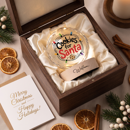 Custom Cookies For Santa Christmas Lights 3D Laser Engraved Crystal Ball with LED Wooden Standee, Personalized Name Holiday Night Light Keepsake