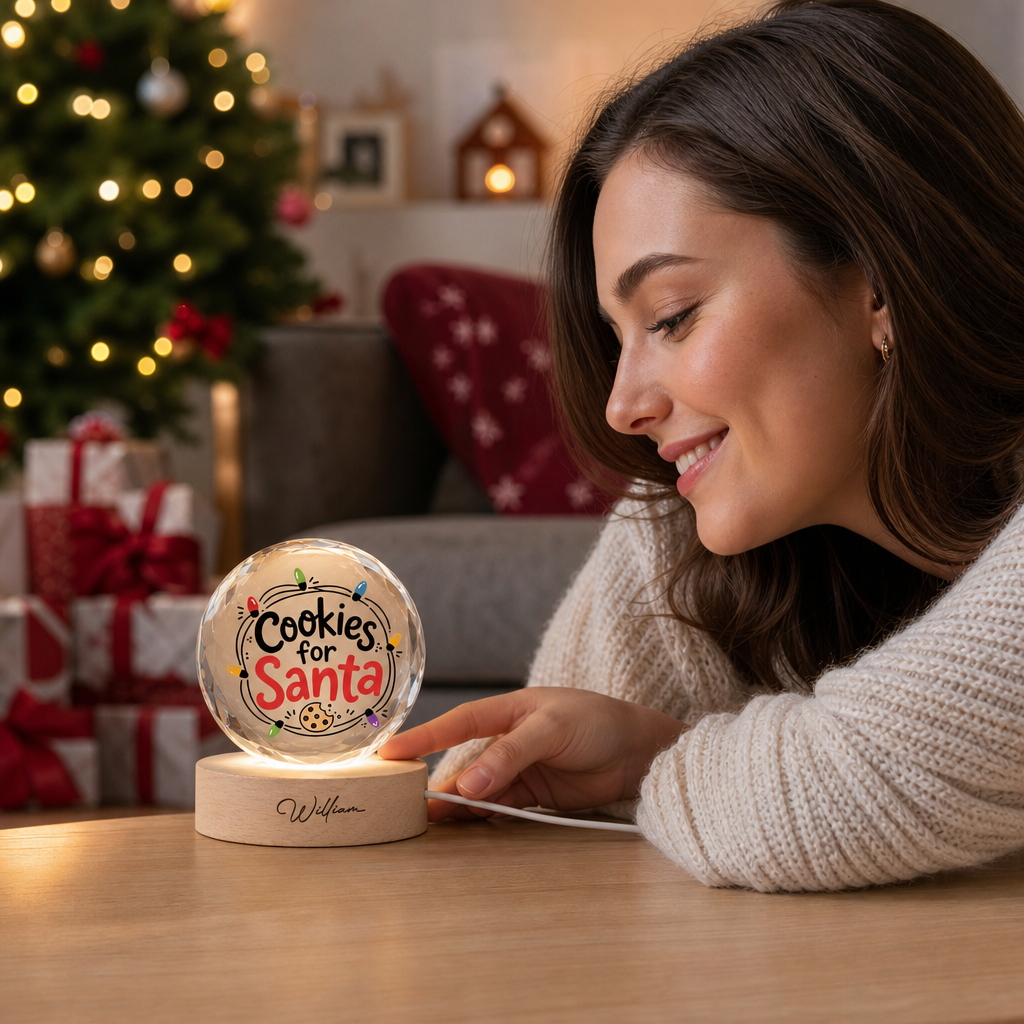 Custom Cookies For Santa Christmas Lights 3D Laser Engraved Crystal Ball with LED Wooden Standee, Personalized Name Holiday Night Light Keepsake