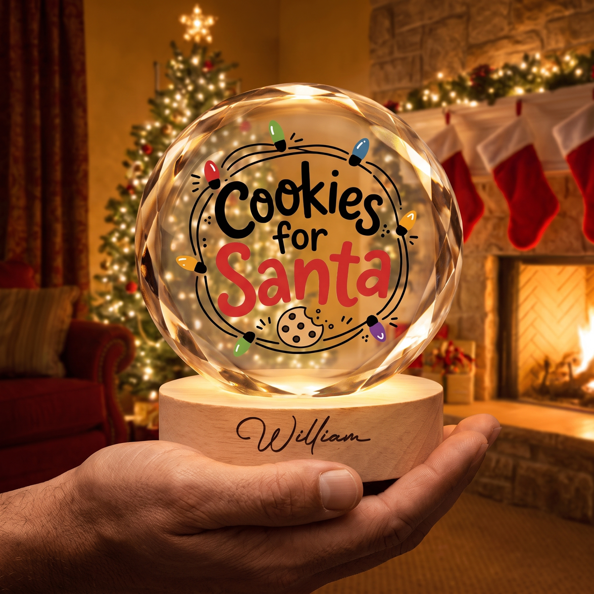 Custom Cookies For Santa Christmas Lights 3D Laser Engraved Crystal Ball with LED Wooden Standee, Personalized Name Holiday Night Light Keepsake
