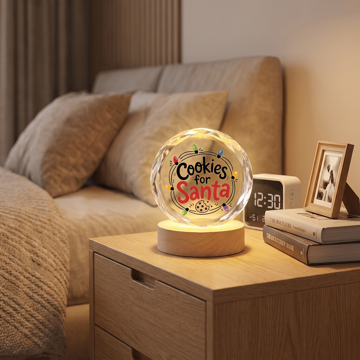 Custom Cookies For Santa Christmas Lights 3D Laser Engraved Crystal Ball with LED Wooden Standee, Personalized Name Holiday Night Light Keepsake