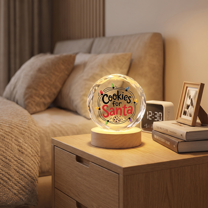 Custom Cookies For Santa Christmas Lights 3D Laser Engraved Crystal Ball with LED Wooden Standee, Personalized Name Holiday Night Light Keepsake