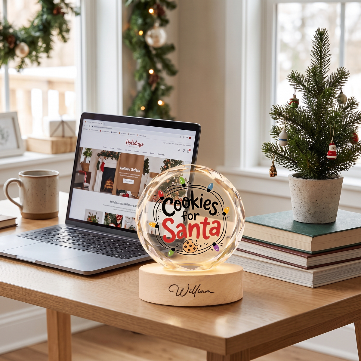Custom Cookies For Santa Christmas Lights 3D Laser Engraved Crystal Ball with LED Wooden Standee, Personalized Name Holiday Night Light Keepsake