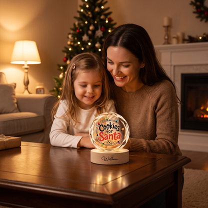 Custom Cookies For Santa Christmas Lights 3D Laser Engraved Crystal Ball with LED Wooden Standee, Personalized Name Holiday Night Light Keepsake