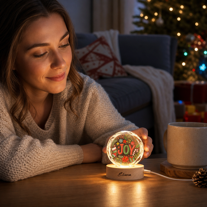 Custom Joy Christmas Wreath Holiday 3D Laser Engraved Crystal Ball with LED Wooden Standee, Personalized Name Holiday Night Light Keepsake