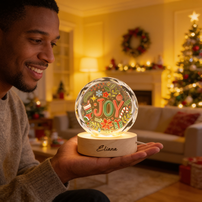 Custom Joy Christmas Wreath Holiday 3D Laser Engraved Crystal Ball with LED Wooden Standee, Personalized Name Holiday Night Light Keepsake
