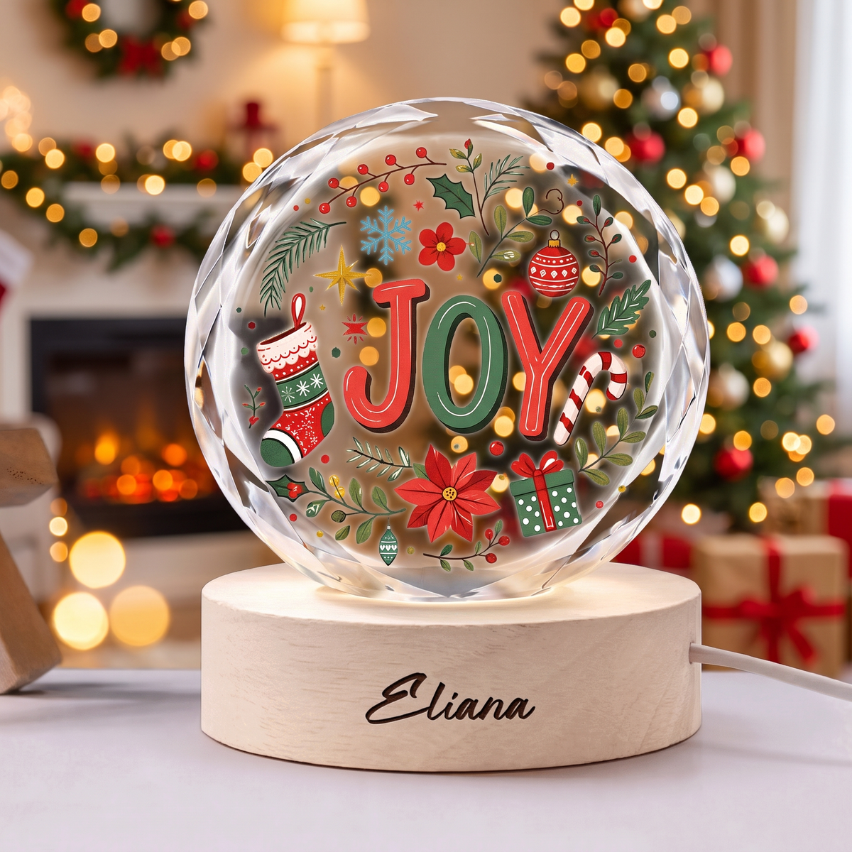 Custom Joy Christmas Wreath Holiday 3D Laser Engraved Crystal Ball with LED Wooden Standee, Personalized Name Holiday Night Light Keepsake