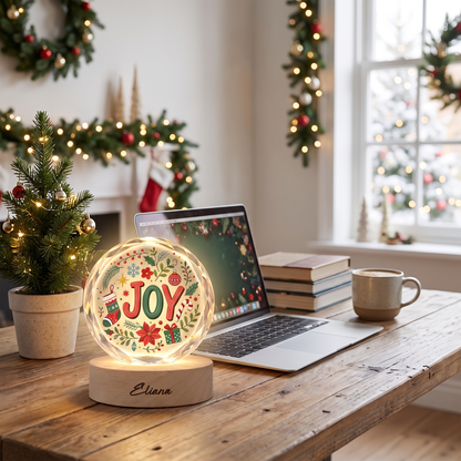 Custom Joy Christmas Wreath Holiday 3D Laser Engraved Crystal Ball with LED Wooden Standee, Personalized Name Holiday Night Light Keepsake