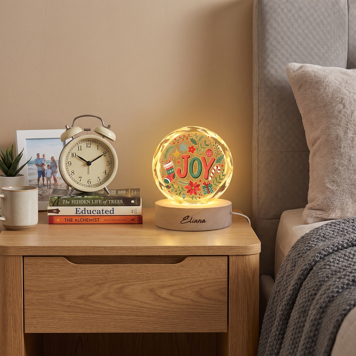 Custom Joy Christmas Wreath Holiday 3D Laser Engraved Crystal Ball with LED Wooden Standee, Personalized Name Holiday Night Light Keepsake