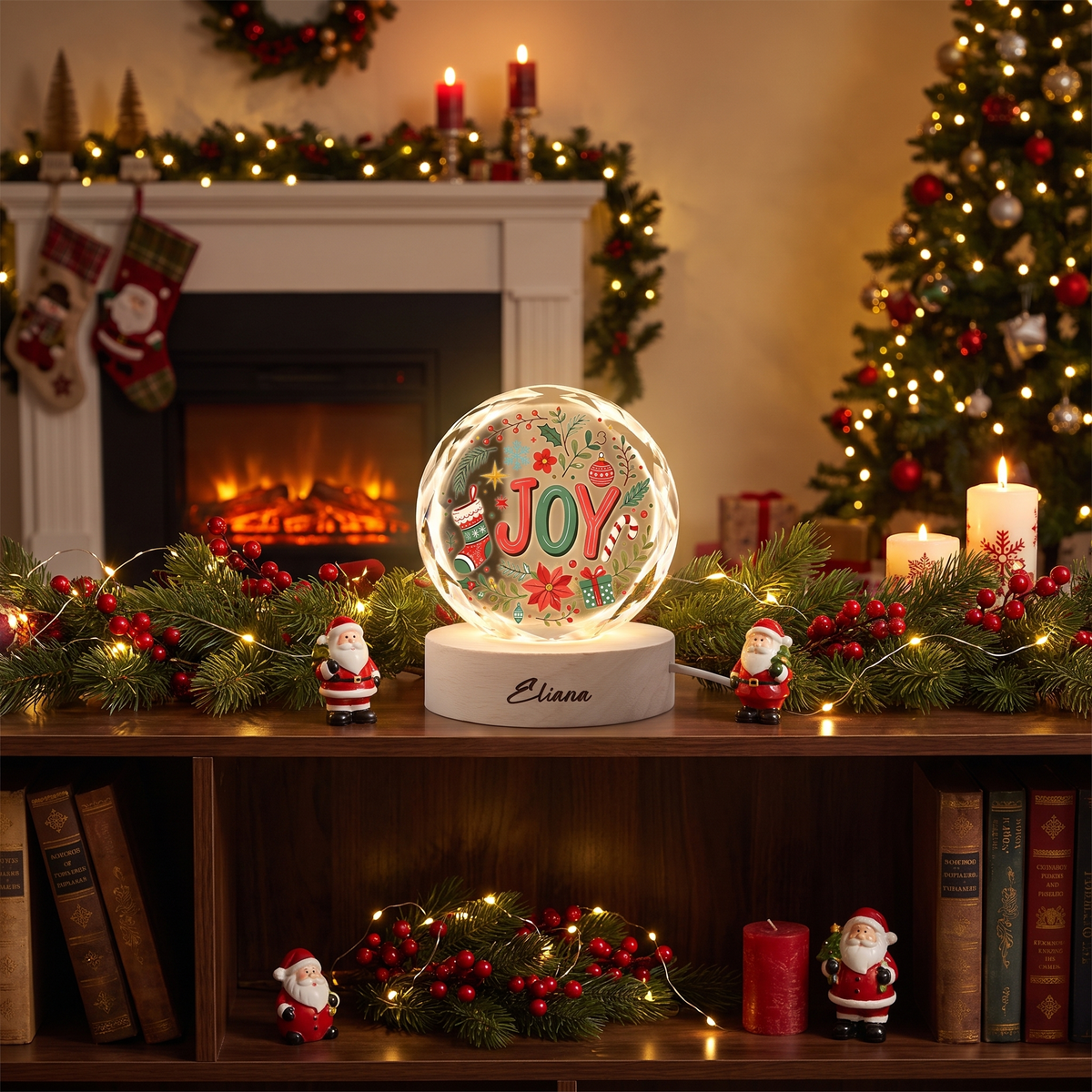 Custom Joy Christmas Wreath Holiday 3D Laser Engraved Crystal Ball with LED Wooden Standee, Personalized Name Holiday Night Light Keepsake