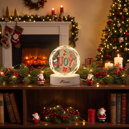 Custom Joy Christmas Wreath Holiday 3D Laser Engraved Crystal Ball with LED Wooden Standee, Personalized Name Holiday Night Light Keepsake