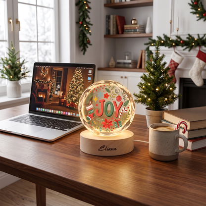 Custom Joy Christmas Wreath Holiday 3D Laser Engraved Crystal Ball with LED Wooden Standee, Personalized Name Holiday Night Light Keepsake