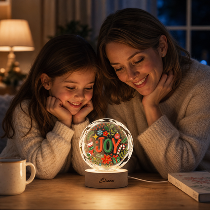 Custom Joy Christmas Wreath Holiday 3D Laser Engraved Crystal Ball with LED Wooden Standee, Personalized Name Holiday Night Light Keepsake