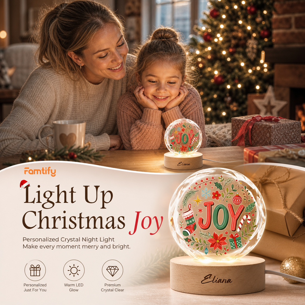 Custom Joy Christmas Wreath Holiday 3D Laser Engraved Crystal Ball with LED Wooden Standee, Personalized Name Holiday Night Light Keepsake