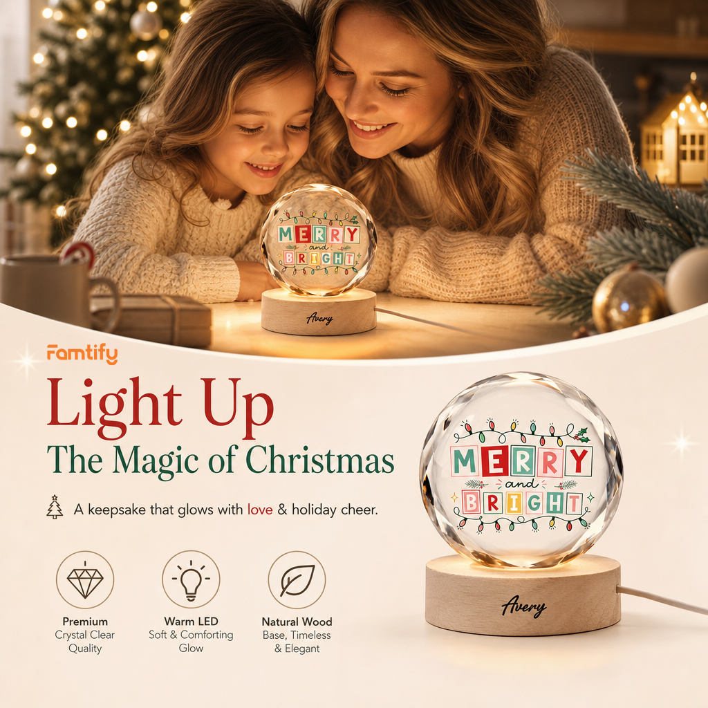 Custom Merry And Bright Festive Lights 3D Laser Engraved Crystal Ball with LED Wooden Standee, Personalized Name Holiday Night Light Keepsake