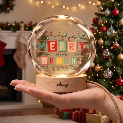 Custom Merry And Bright Festive Lights 3D Laser Engraved Crystal Ball with LED Wooden Standee, Personalized Name Holiday Night Light Keepsake