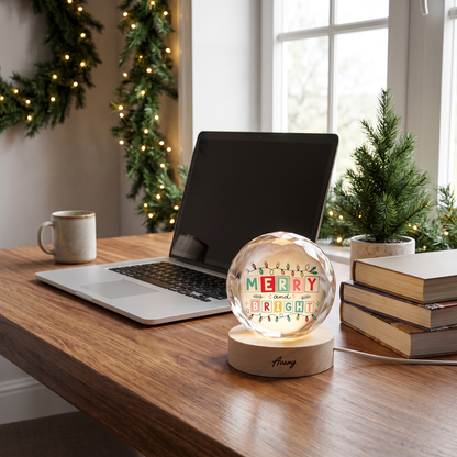 Custom Merry And Bright Festive Lights 3D Laser Engraved Crystal Ball with LED Wooden Standee, Personalized Name Holiday Night Light Keepsake