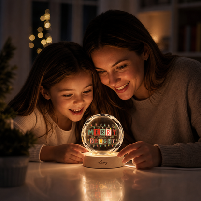 Custom Merry And Bright Festive Lights 3D Laser Engraved Crystal Ball with LED Wooden Standee, Personalized Name Holiday Night Light Keepsake