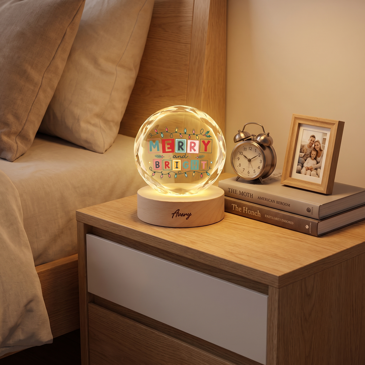 Custom Merry And Bright Festive Lights 3D Laser Engraved Crystal Ball with LED Wooden Standee, Personalized Name Holiday Night Light Keepsake