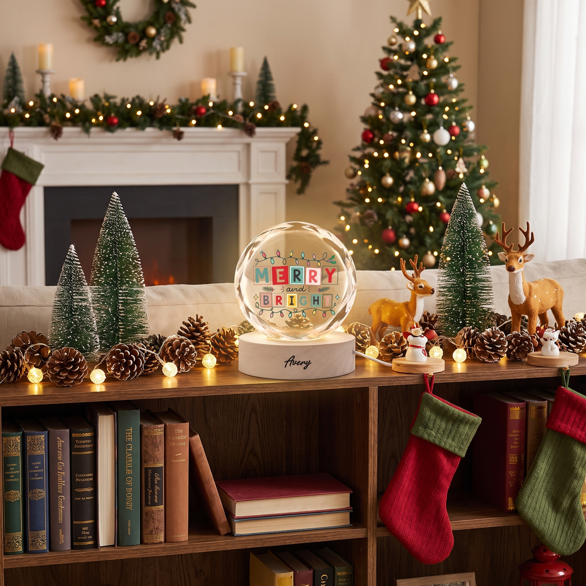 Custom Merry And Bright Festive Lights 3D Laser Engraved Crystal Ball with LED Wooden Standee, Personalized Name Holiday Night Light Keepsake