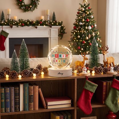 Custom Merry And Bright Festive Lights 3D Laser Engraved Crystal Ball with LED Wooden Standee, Personalized Name Holiday Night Light Keepsake