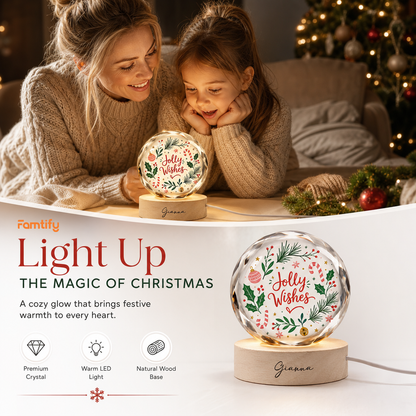 Custom Jolly Wishes Christmas Wreath 3D Laser Engraved Crystal Ball with LED Wooden Standee, Personalized Name Holiday Night Light Keepsake