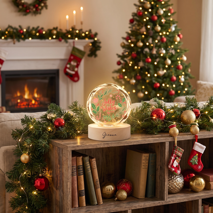 Custom Jolly Wishes Christmas Wreath 3D Laser Engraved Crystal Ball with LED Wooden Standee, Personalized Name Holiday Night Light Keepsake