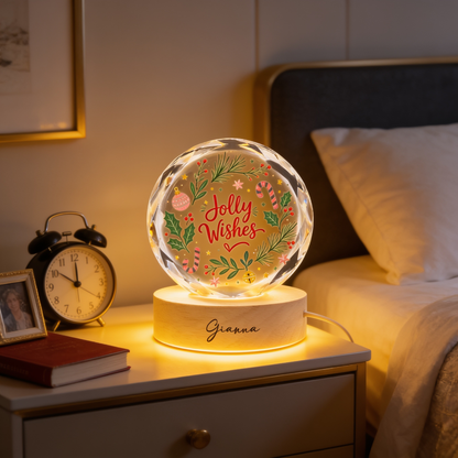 Custom Jolly Wishes Christmas Wreath 3D Laser Engraved Crystal Ball with LED Wooden Standee, Personalized Name Holiday Night Light Keepsake