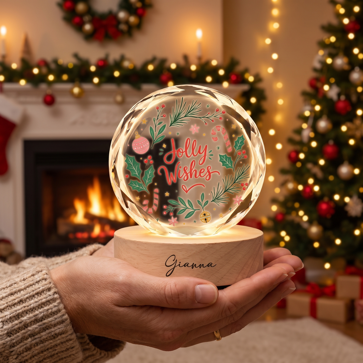 Custom Jolly Wishes Christmas Wreath 3D Laser Engraved Crystal Ball with LED Wooden Standee, Personalized Name Holiday Night Light Keepsake