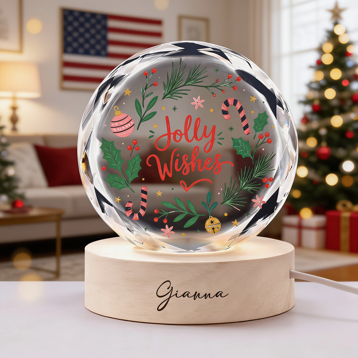 Custom Jolly Wishes Christmas Wreath 3D Laser Engraved Crystal Ball with LED Wooden Standee, Personalized Name Holiday Night Light Keepsake