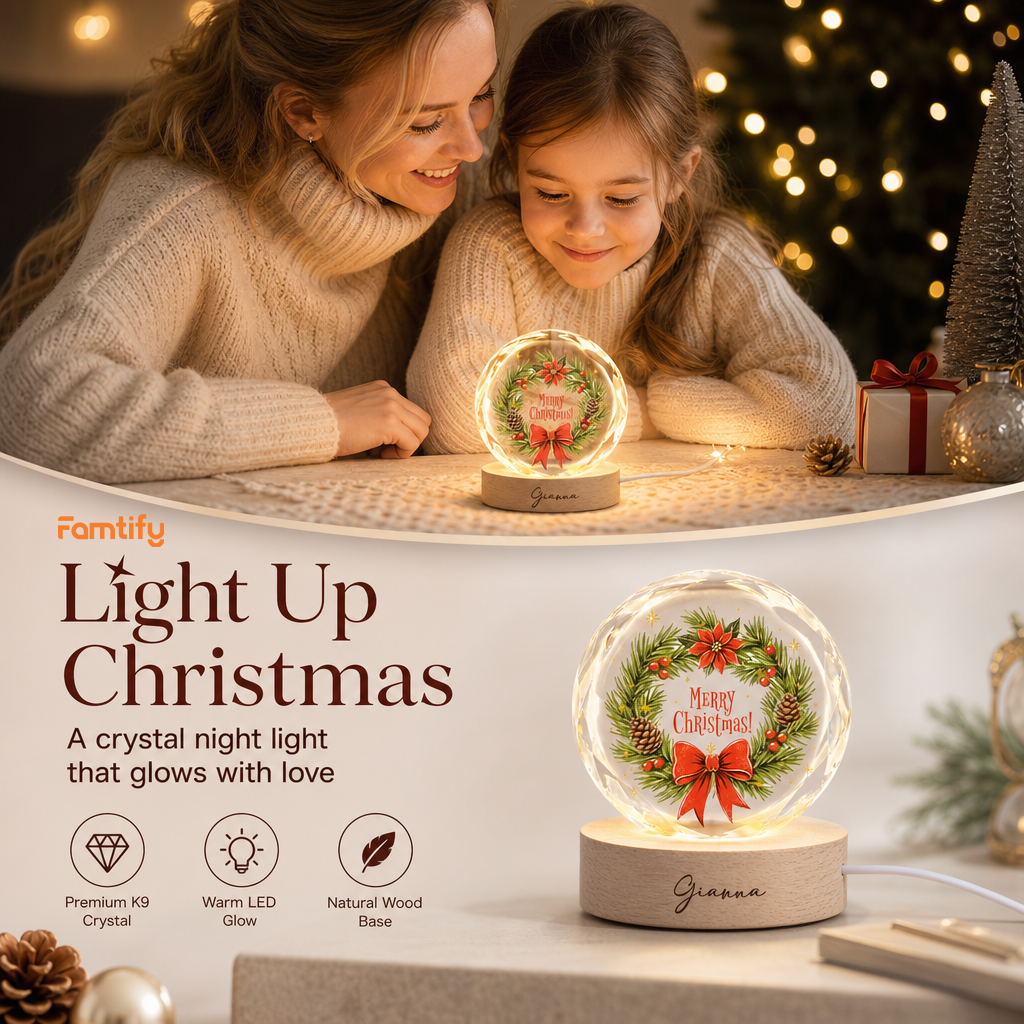 Custom Merry Christmas Pine Wreath Poinsettia 3D Laser Engraved Crystal Ball with LED Wooden Standee, Personalized Name Holiday Night Light Keepsake