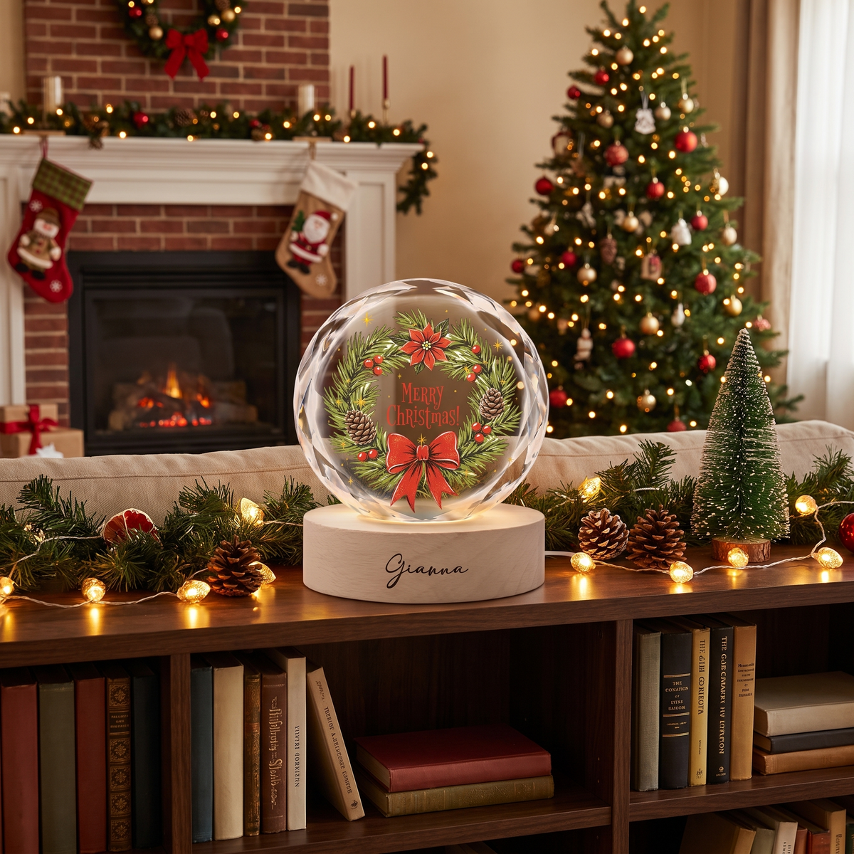Custom Merry Christmas Pine Wreath Poinsettia 3D Laser Engraved Crystal Ball with LED Wooden Standee, Personalized Name Holiday Night Light Keepsake