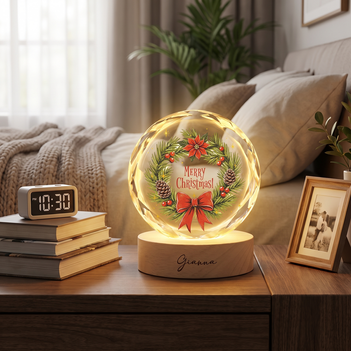 Custom Merry Christmas Pine Wreath Poinsettia 3D Laser Engraved Crystal Ball with LED Wooden Standee, Personalized Name Holiday Night Light Keepsake
