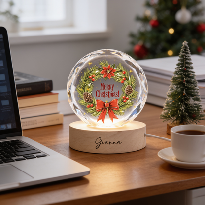 Custom Merry Christmas Pine Wreath Poinsettia 3D Laser Engraved Crystal Ball with LED Wooden Standee, Personalized Name Holiday Night Light Keepsake