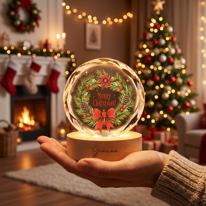 Custom Merry Christmas Pine Wreath Poinsettia 3D Laser Engraved Crystal Ball with LED Wooden Standee, Personalized Name Holiday Night Light Keepsake