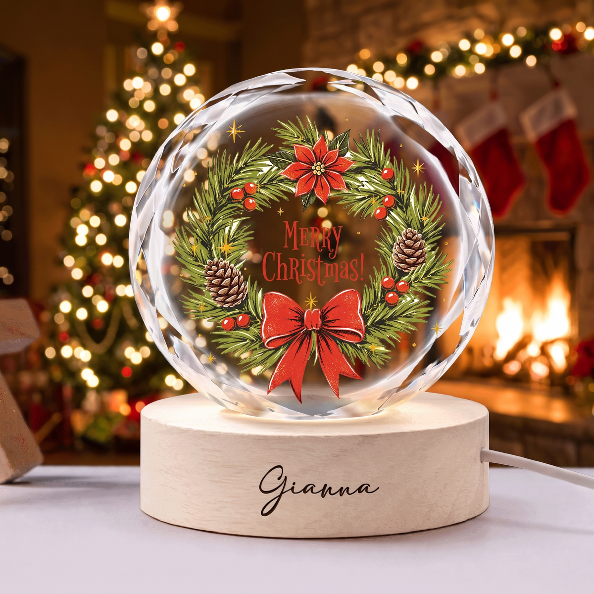 Custom Merry Christmas Pine Wreath Poinsettia 3D Laser Engraved Crystal Ball with LED Wooden Standee, Personalized Name Holiday Night Light Keepsake