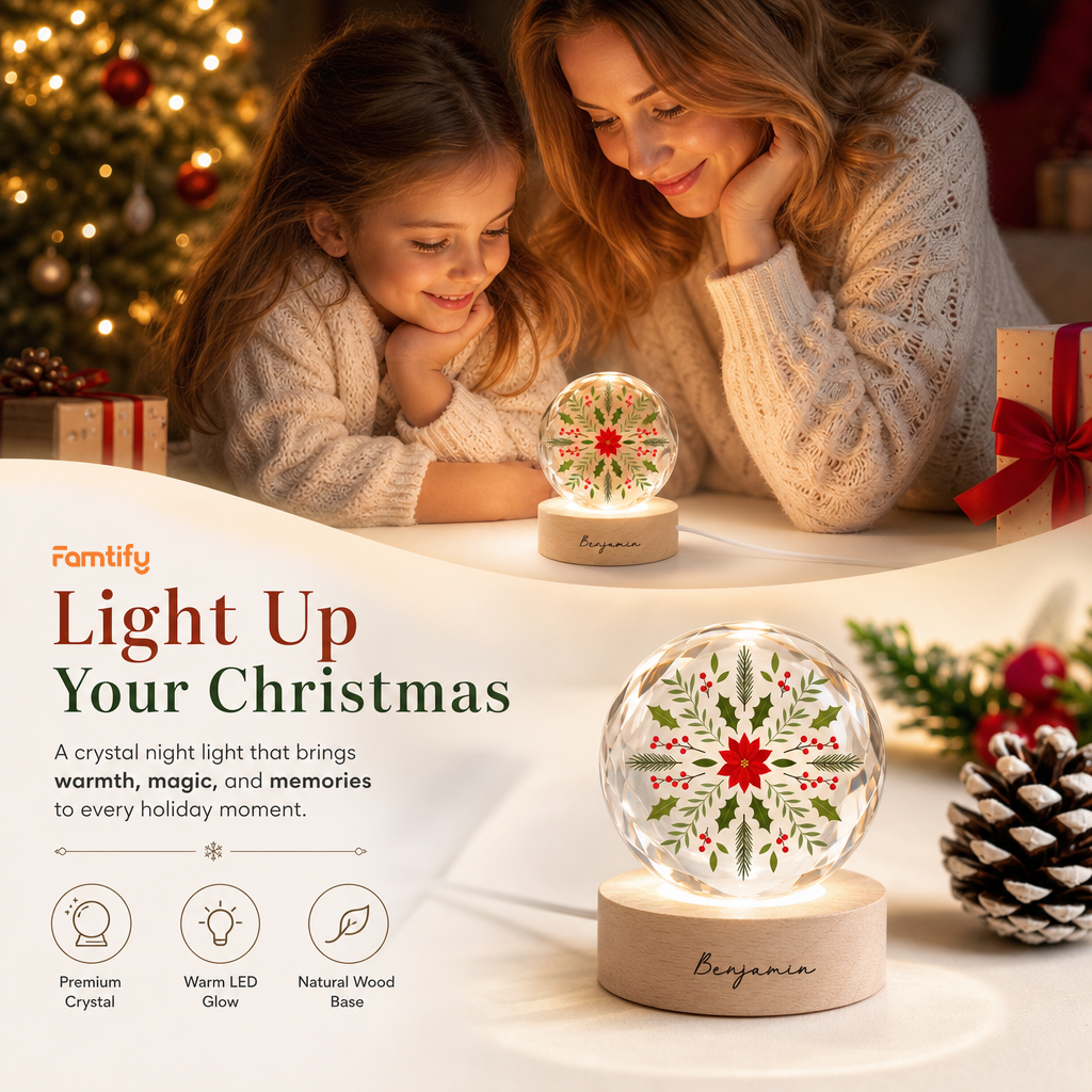 Custom Botanical Snowflake Poinsettia 3D Laser Engraved Crystal Ball with LED Wooden Standee, Personalized Name Holiday Night Light Keepsake