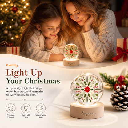 Custom Botanical Snowflake Poinsettia 3D Laser Engraved Crystal Ball with LED Wooden Standee, Personalized Name Holiday Night Light Keepsake