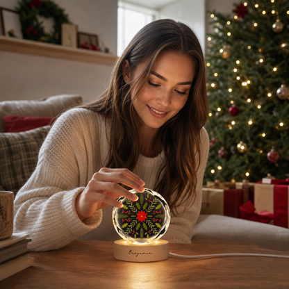 Custom Botanical Snowflake Poinsettia 3D Laser Engraved Crystal Ball with LED Wooden Standee, Personalized Name Holiday Night Light Keepsake