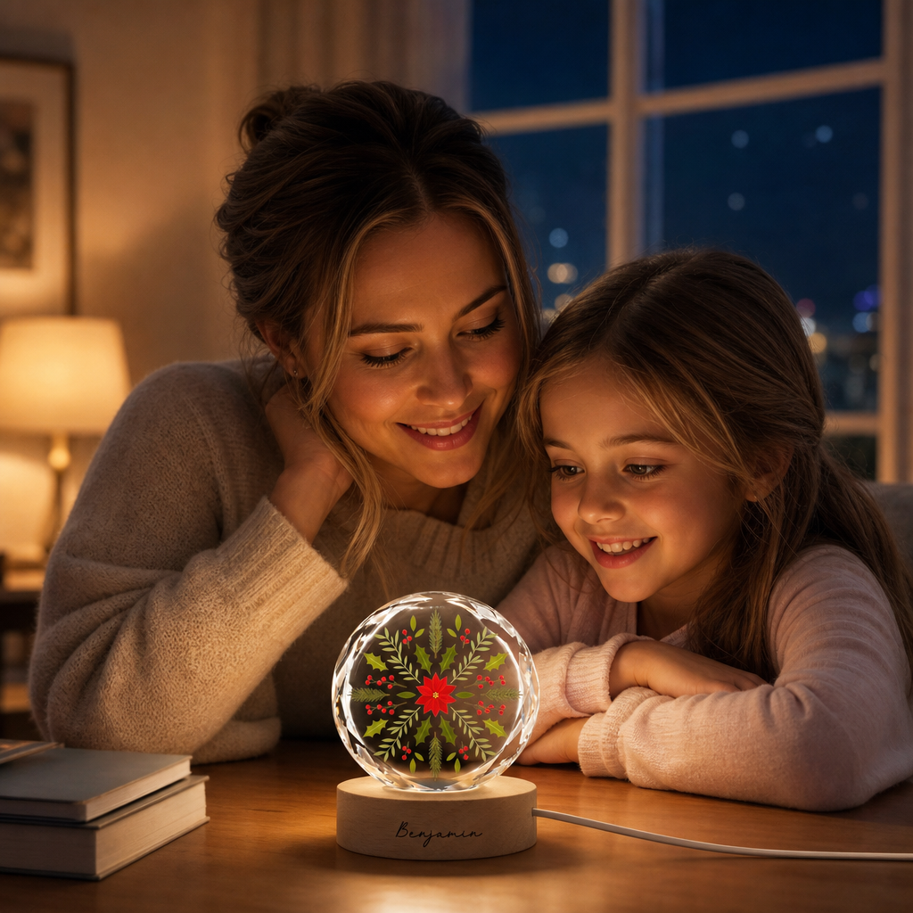 Custom Botanical Snowflake Poinsettia 3D Laser Engraved Crystal Ball with LED Wooden Standee, Personalized Name Holiday Night Light Keepsake