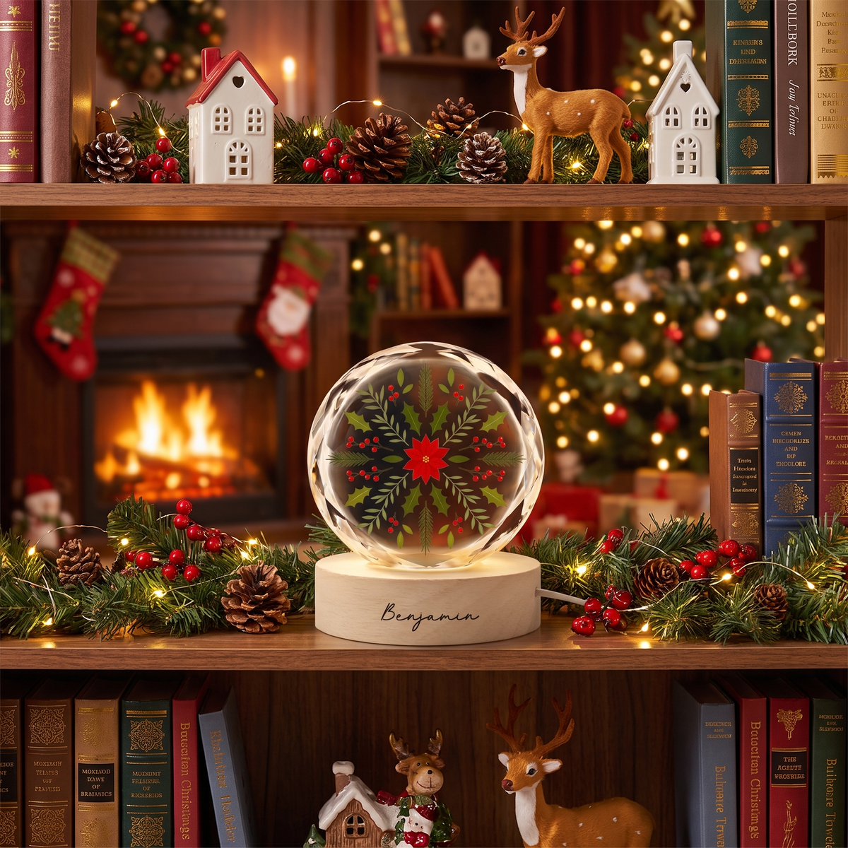 Custom Botanical Snowflake Poinsettia 3D Laser Engraved Crystal Ball with LED Wooden Standee, Personalized Name Holiday Night Light Keepsake