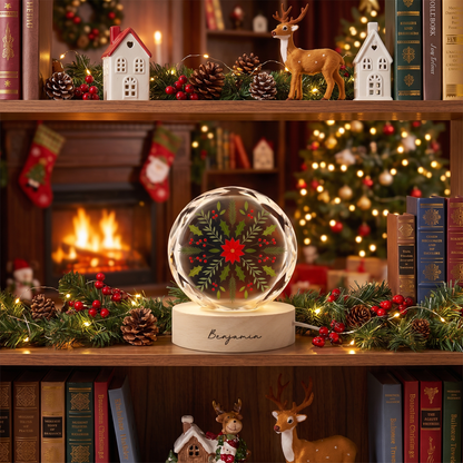 Custom Botanical Snowflake Poinsettia 3D Laser Engraved Crystal Ball with LED Wooden Standee, Personalized Name Holiday Night Light Keepsake