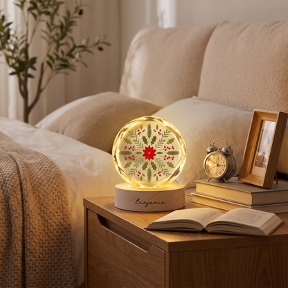 Custom Botanical Snowflake Poinsettia 3D Laser Engraved Crystal Ball with LED Wooden Standee, Personalized Name Holiday Night Light Keepsake