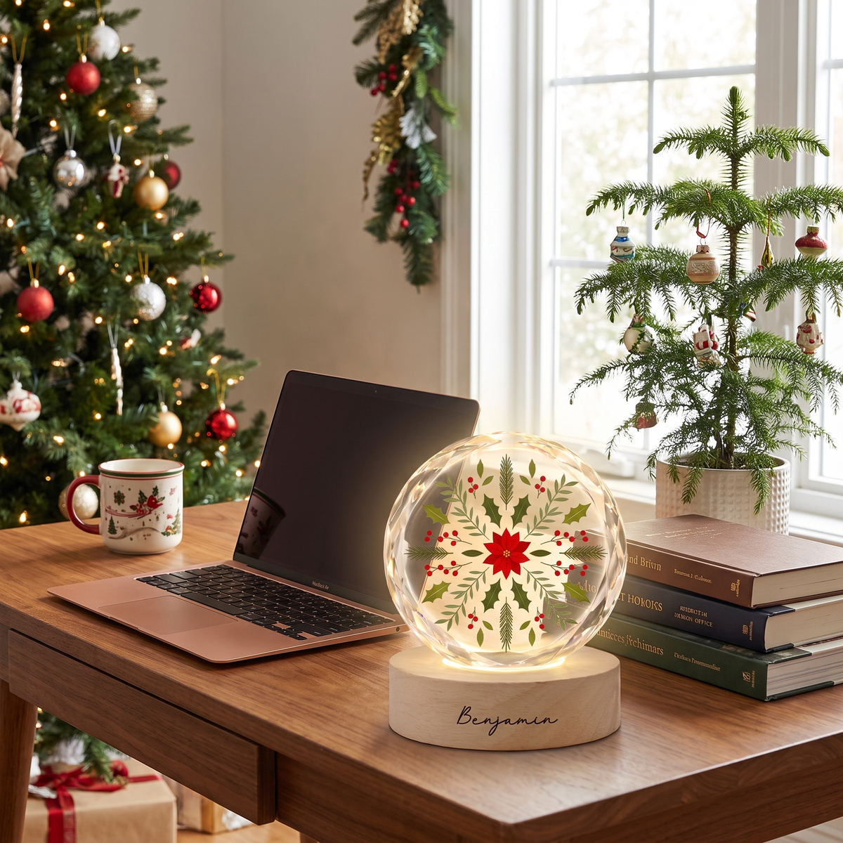 Custom Botanical Snowflake Poinsettia 3D Laser Engraved Crystal Ball with LED Wooden Standee, Personalized Name Holiday Night Light Keepsake