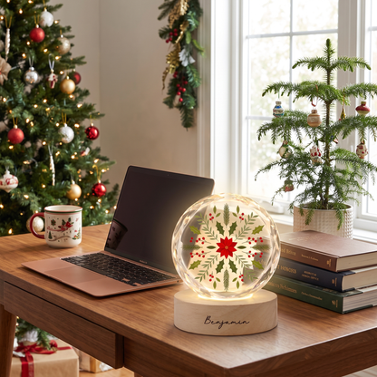 Custom Botanical Snowflake Poinsettia 3D Laser Engraved Crystal Ball with LED Wooden Standee, Personalized Name Holiday Night Light Keepsake